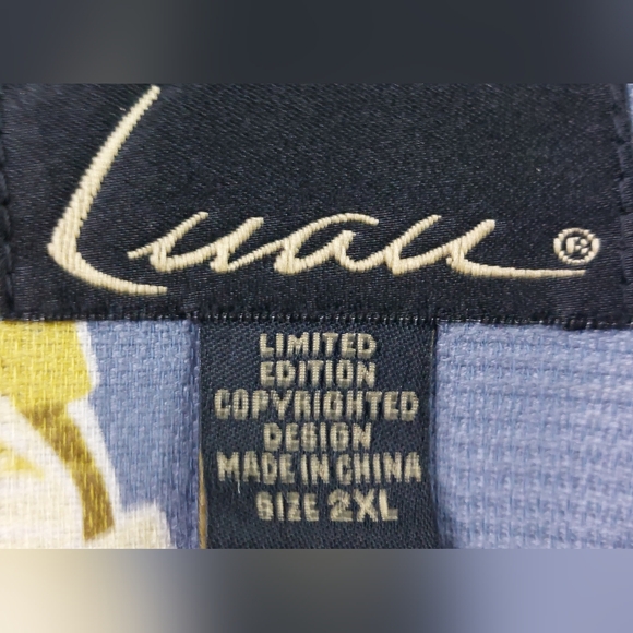 Luau Shirt Mens Size 2XL XXL Hawaiian Blue Gray Yellow Leaves Silk Blend Button - Picture 5 of 9